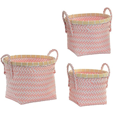 Juego de 3 cestas poliester bambu rosa .