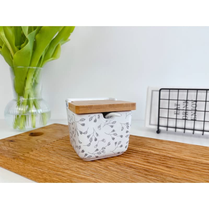 Salero y Azucarero de Cocina de Cerámica con Tapa de Madera Diseños Originales - Flores