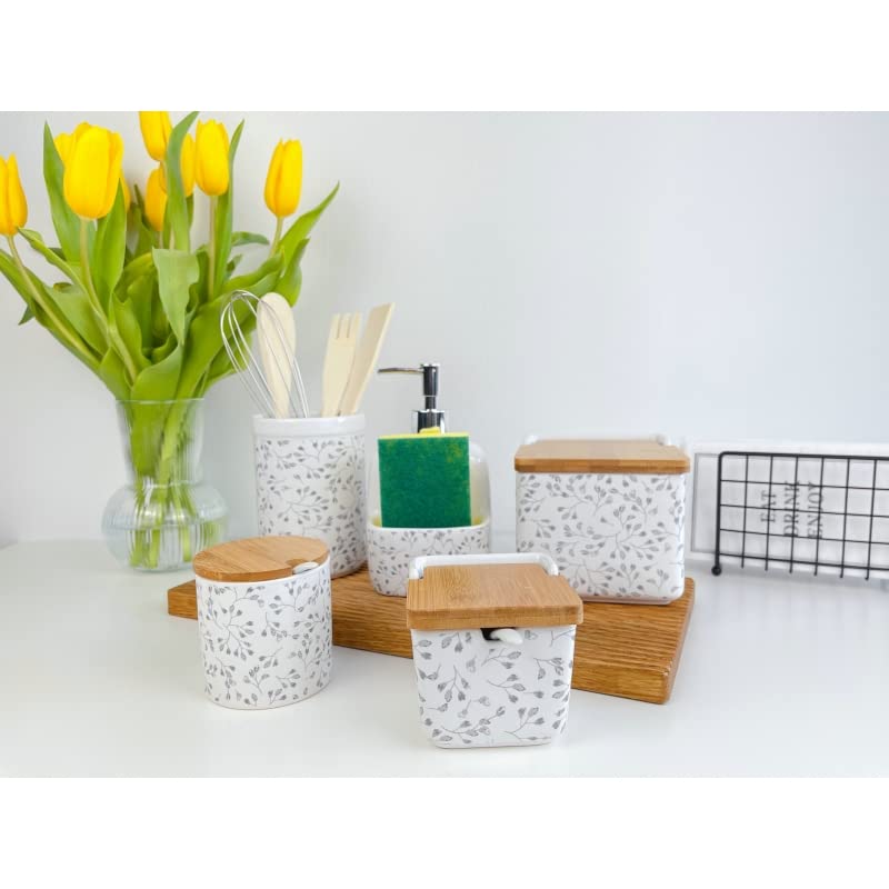 Salero y Azucarero de Cocina de Cerámica con Tapa de Madera Diseños Originales - Flores