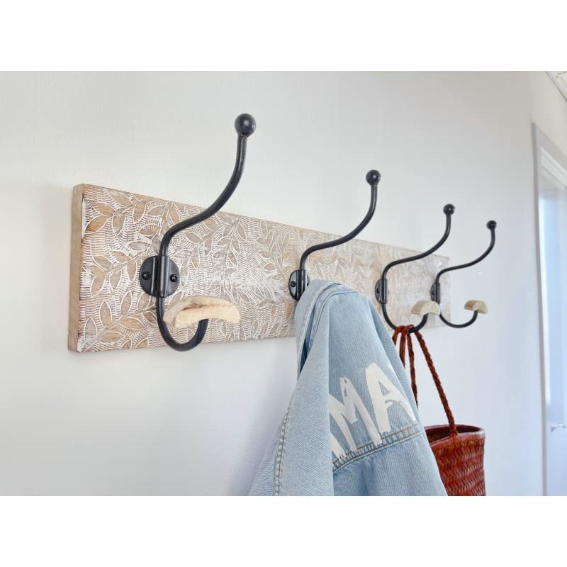 Perchero de Pared Madera Mango Tallado con 4 colgadores de Hierro decape