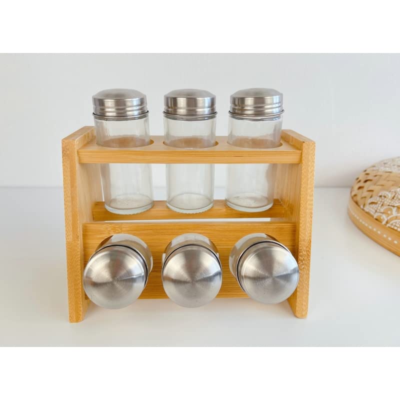 Especiero de 8 Botes con Soporte de Madera bambú