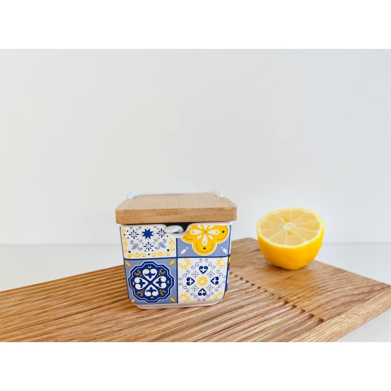 Salero de Cocina de Cerámica con Tapa de Madera Diseños Originales Mosaico Bicolor