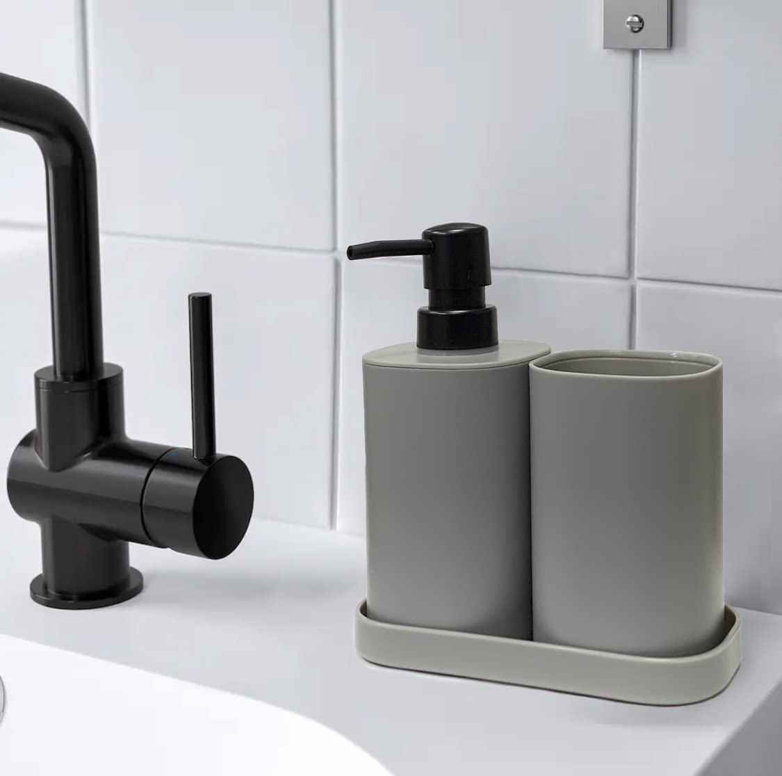 Set para el baño - Juego 3 Accesorios para Lavabo - Kit de 3 Piezas - 1x dispensador de jabón 1x Vaso 1x Bandeja