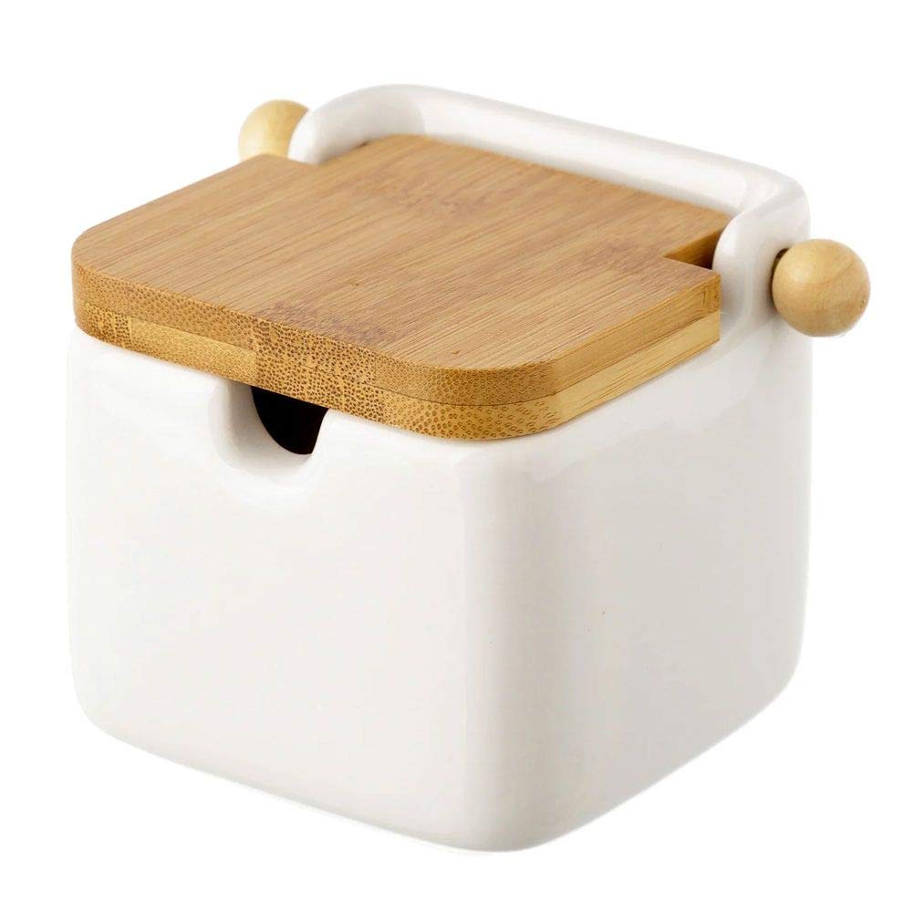 Azucarero Blanco Stoneware 8 x 10,50 x 8 cm con Tapa de bambú, 8x10,5x8 cm