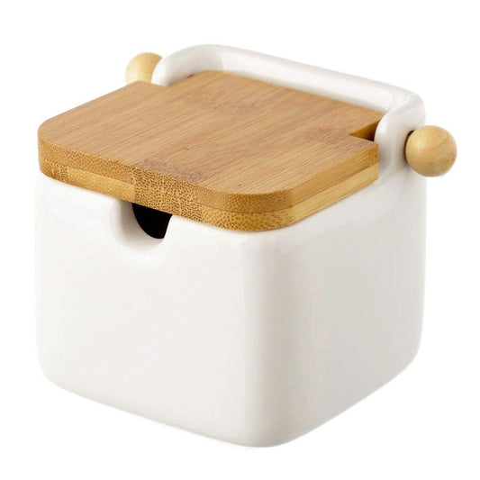 Azucarero Blanco Stoneware 8 x 10,50 x 8 cm con Tapa de bambú, 8x10,5x8 cm