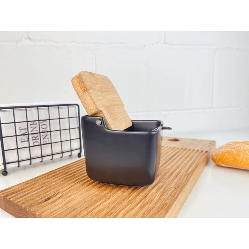 Salero Cocina Negro Ceramica con Tapa Madera para Cocina Factory