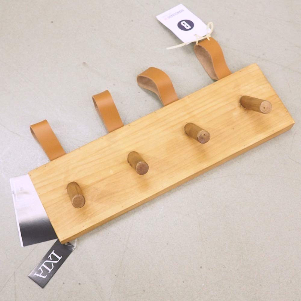 Perchero Pared de Madera Natural con 4 Ganchos y 4 Colgador de Piel