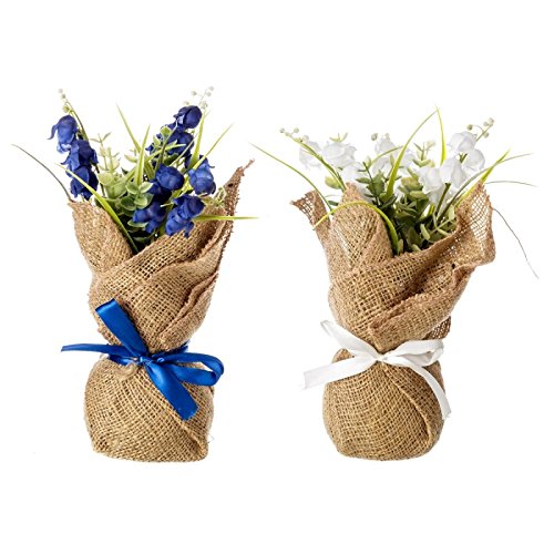 Pack 2 Plantas plástico en maceta tela de saco. blanco y azul.