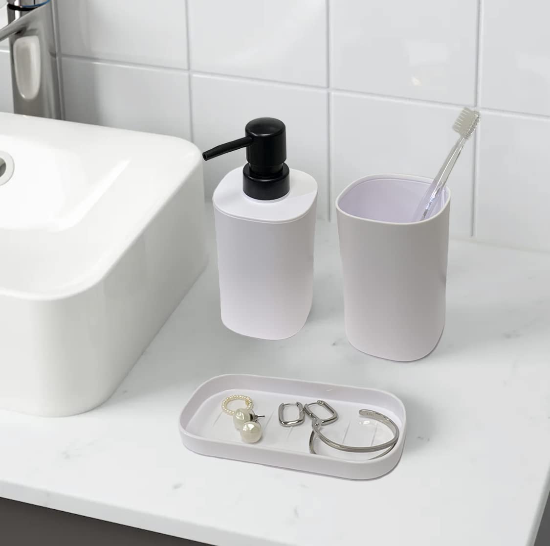 Set para el baño - Juego 3 Accesorios para Lavabo - Kit de 3 Piezas - 1x dispensador de jabón 1x Vaso 1x Bandeja