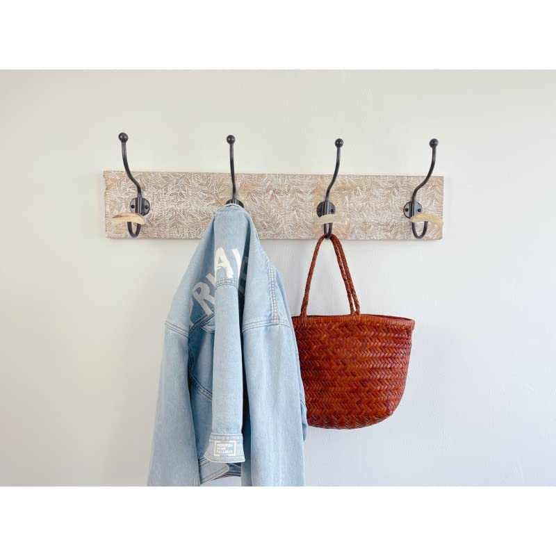 Perchero de Pared Madera Mango Tallado con 4 colgadores de Hierro decape