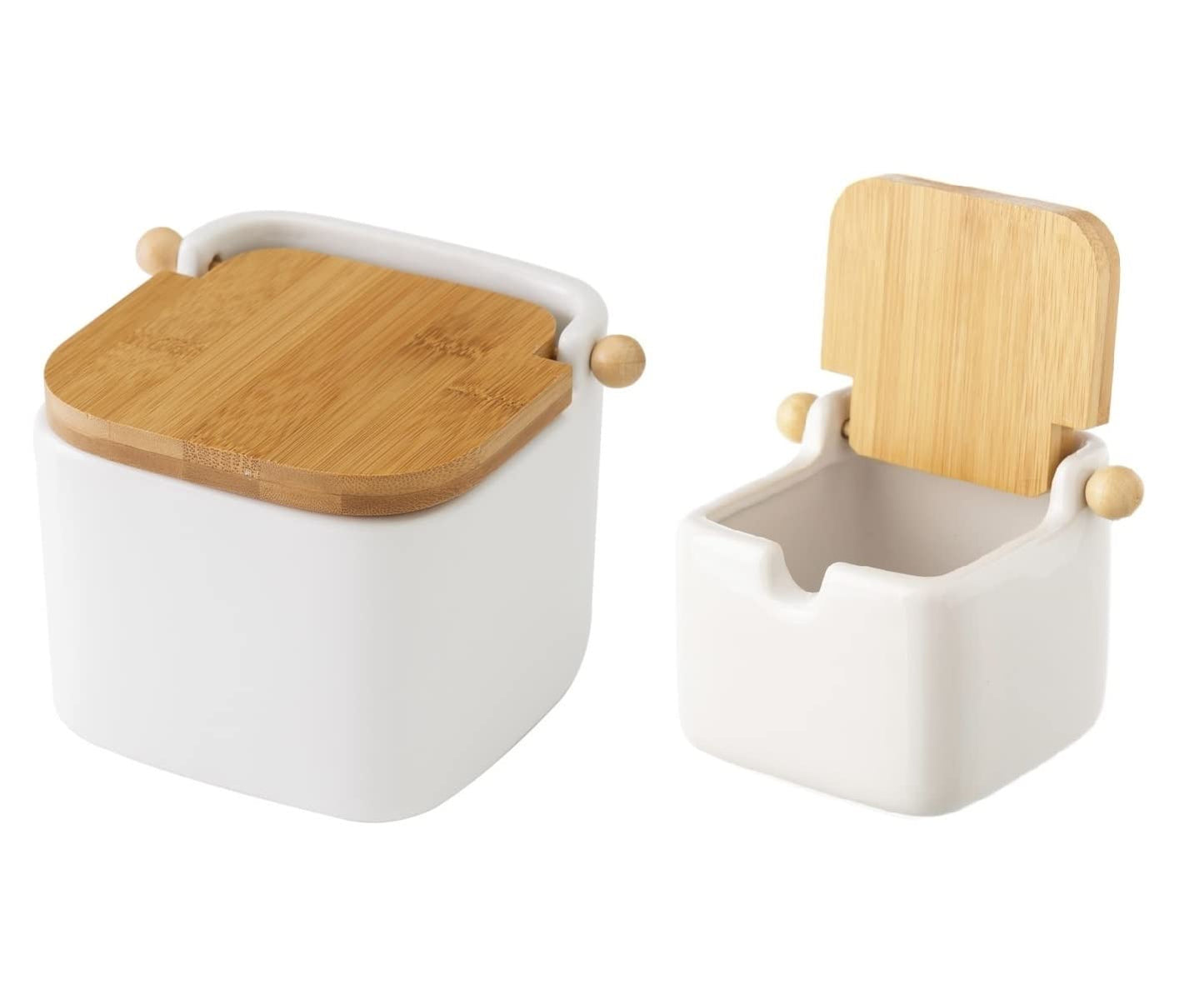 Salero y azucarero de Cocina Blanco de Ceramica con Tapa de Madera.