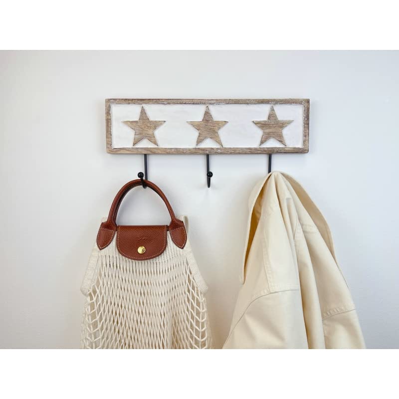 Perchero de Pared Mango Madera Tallado Estrellas 3 colgadores Metal