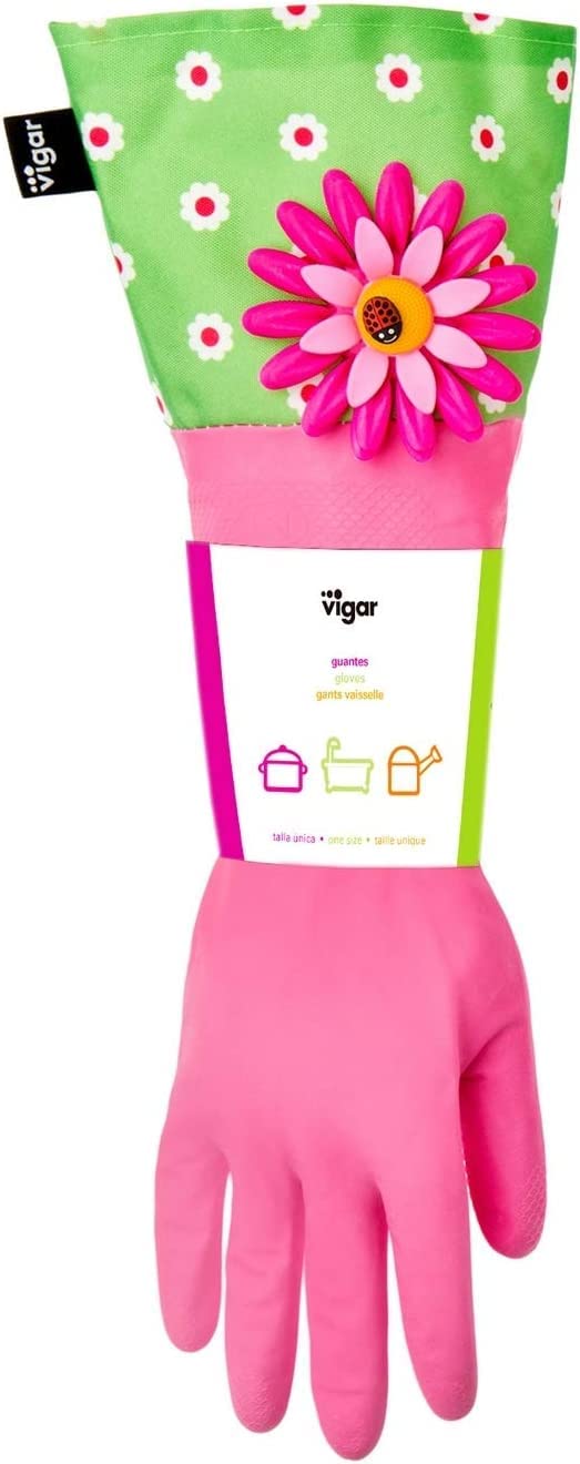 Juego de 3 Piezas Cocina - Guantes, Cepillo con Soporte y Portaesponjas - 12.5 x 7.5 x 18 cm - Flower Power - Guantes de Látex - Verde, Rosado