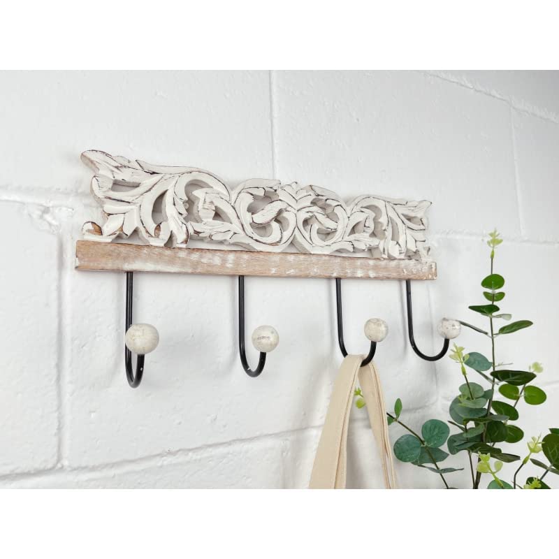 Perchero de Pared Mango Madera Tallado Metal 4 colgadores