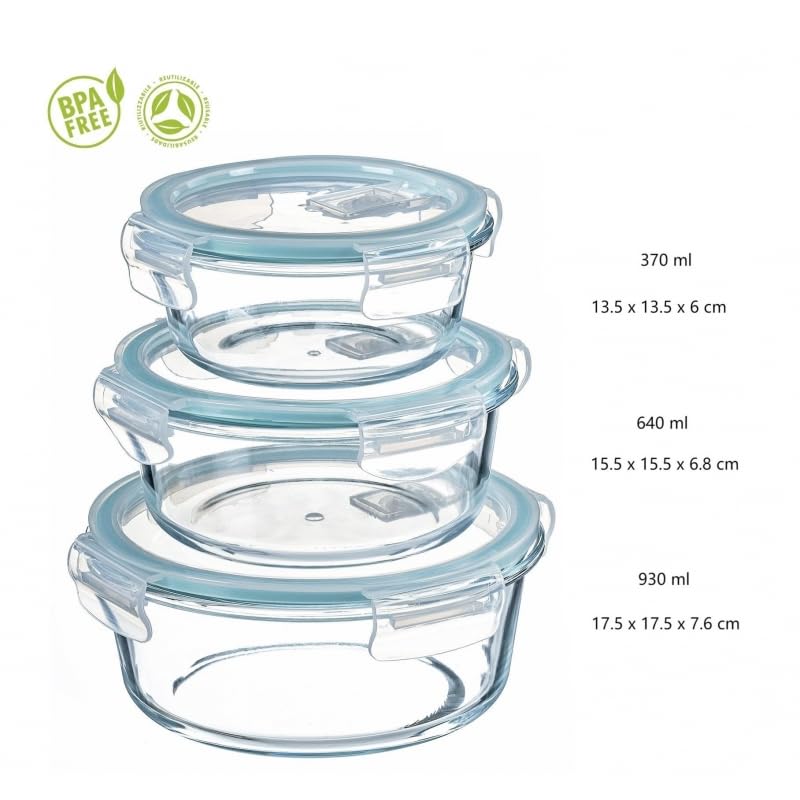 DAMDAM GO - Set de 3 fiambreras de Cristal con Tapa - herméticos antifugas para Horno microondas congelador y lavavajillas