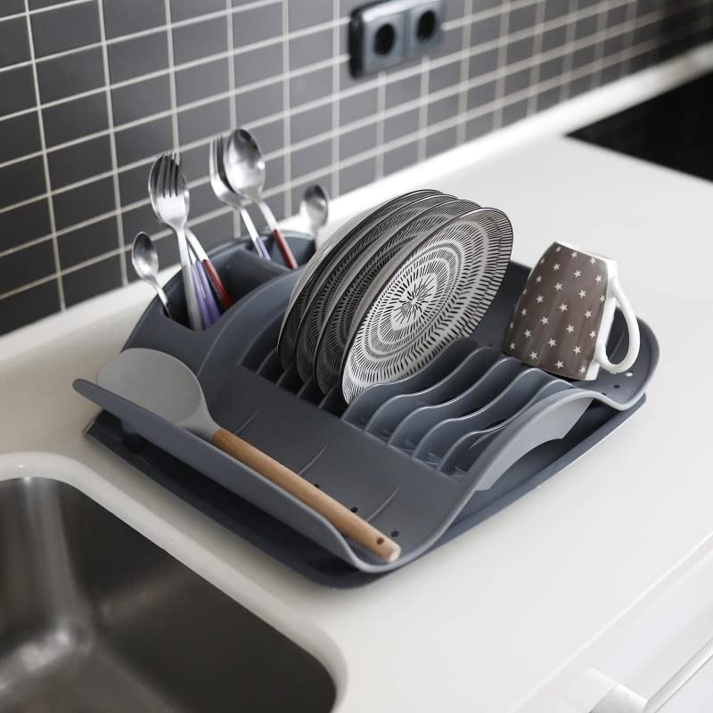Escurreplatos, Escurridor De Platos Extensible con Cesta de Cubiertos, Caño De Drenaje Giratorio Gris Oscuro