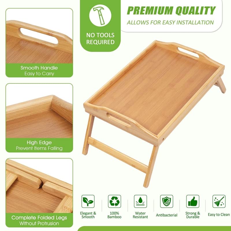 Bandeja para Cama de bambú, mesita con Patas Plegables, Natural, 50 x 30 x 22 cm