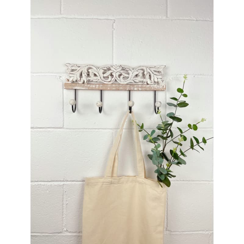 Perchero de Pared Mango Madera Tallado Metal 4 colgadores
