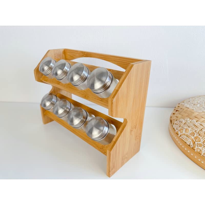 Especiero de 8 Botes con Soporte de Madera bambú