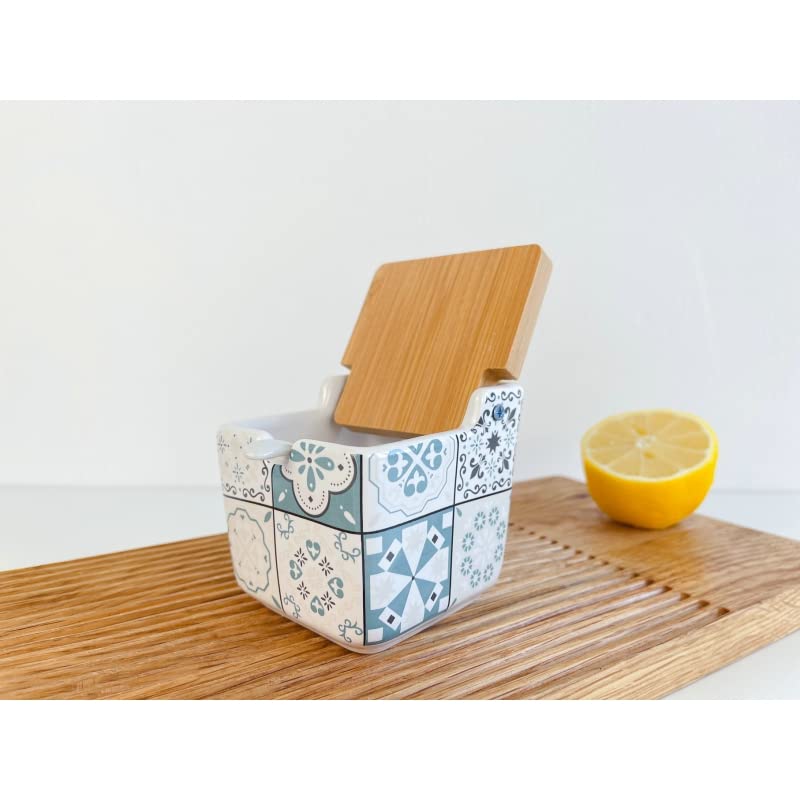 Salero de Cocina de Cerámica con Tapa de Madera Diseños Originales Mosaico Bicolor