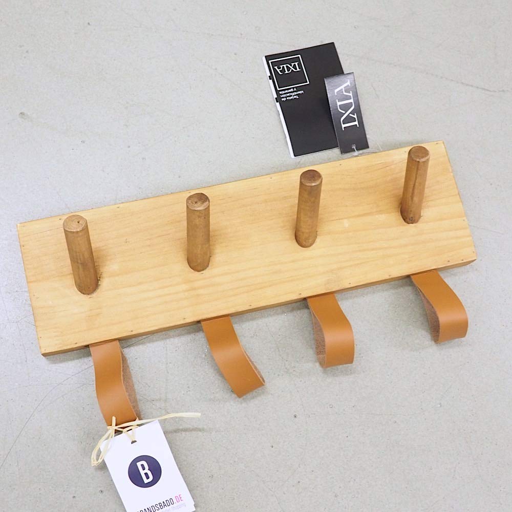 Perchero Pared de Madera Natural con 4 Ganchos y 4 Colgador de Piel