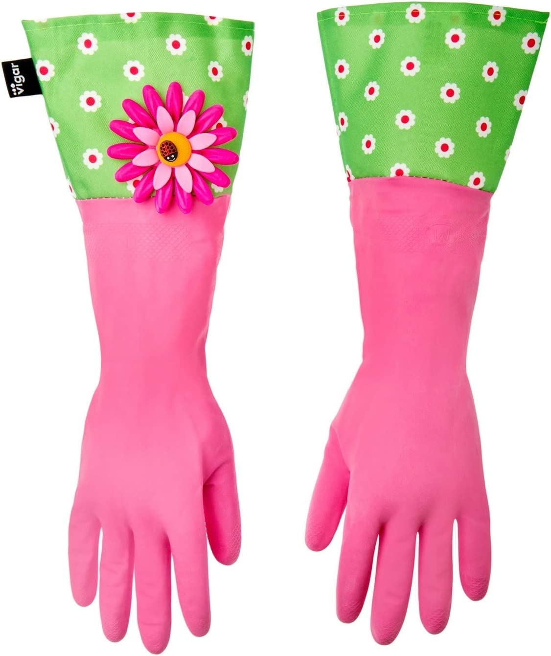 Juego de 3 Piezas Cocina - Guantes, Cepillo con Soporte y Portaesponjas - 12.5 x 7.5 x 18 cm - Flower Power - Guantes de Látex - Verde, Rosado