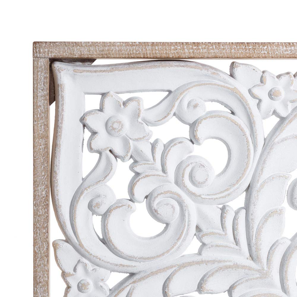 Mural de Flores Tallado exótico de Madera Blanco de 81x81 cm