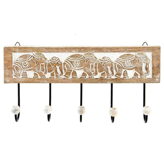 Perchero Pared 5 Colgador Madera Tallada Elefante 38x18 cm