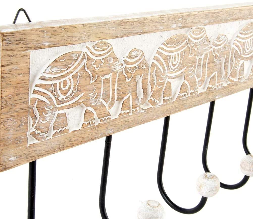Perchero Pared 5 Colgador Madera Tallada Elefante 38x18 cm
