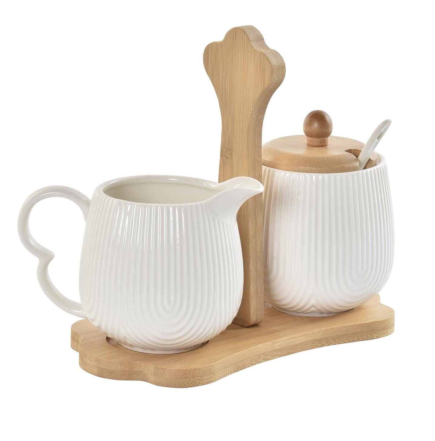 Sarero y Azucarero de Porcelana Blanco con Tapa de Madera Estilo Nordico…