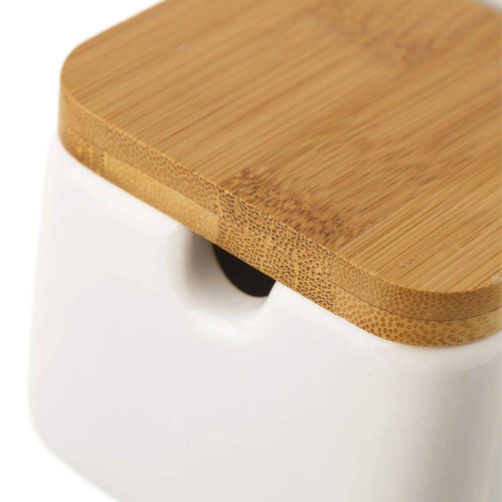 Azucarero Blanco Stoneware 8 x 10,50 x 8 cm con Tapa de bambú, 8x10,5x8 cm