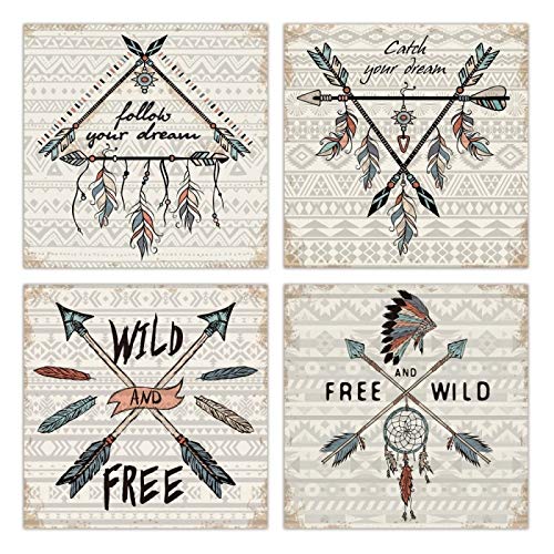 Set 4 Cuadro en Lienzo de Plumas Gris étnico para decoración de 30 x 30 cm Iris