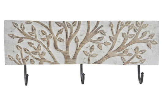 Conjunto de 2 Percheros de Pared de 3 Ganchos Madera Decorado con gravados en el Frontal en decape Blanco