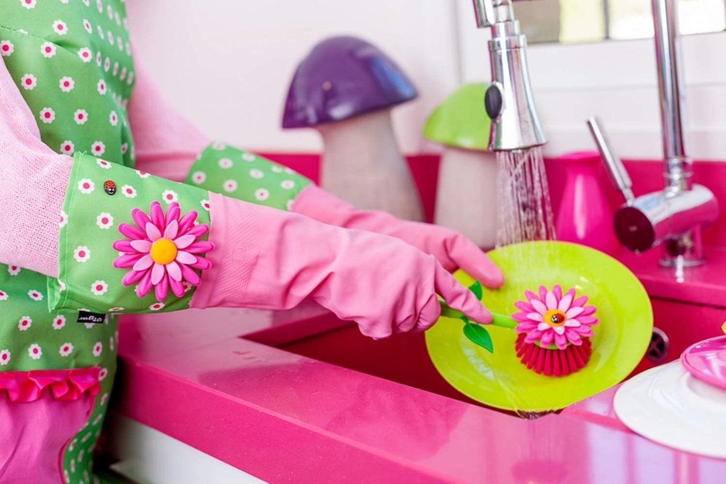 Juego de 3 Piezas Cocina - Guantes, Cepillo con Soporte y Portaesponjas - 12.5 x 7.5 x 18 cm - Flower Power - Guantes de Látex - Verde, Rosado