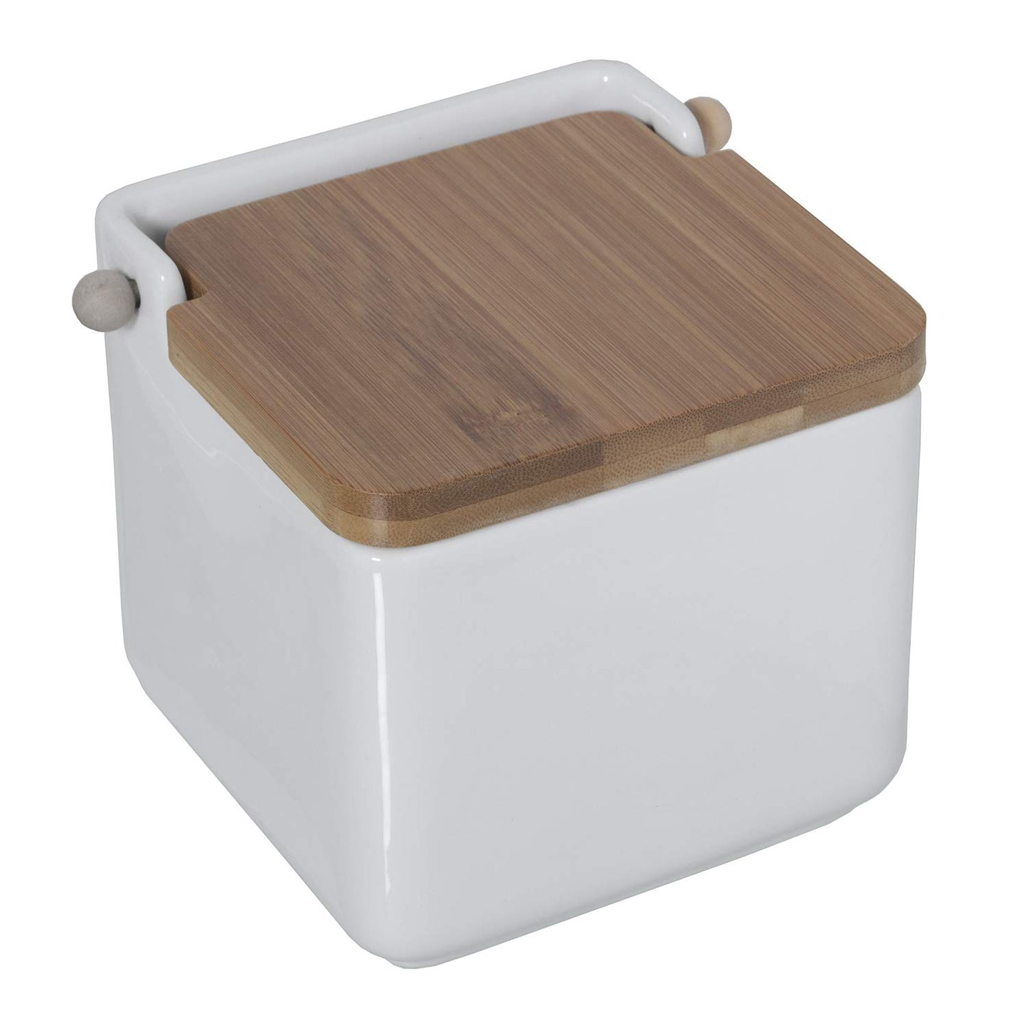 Salero Cocina Cerámica Tapa madera Blanco, 12x12x11 cm