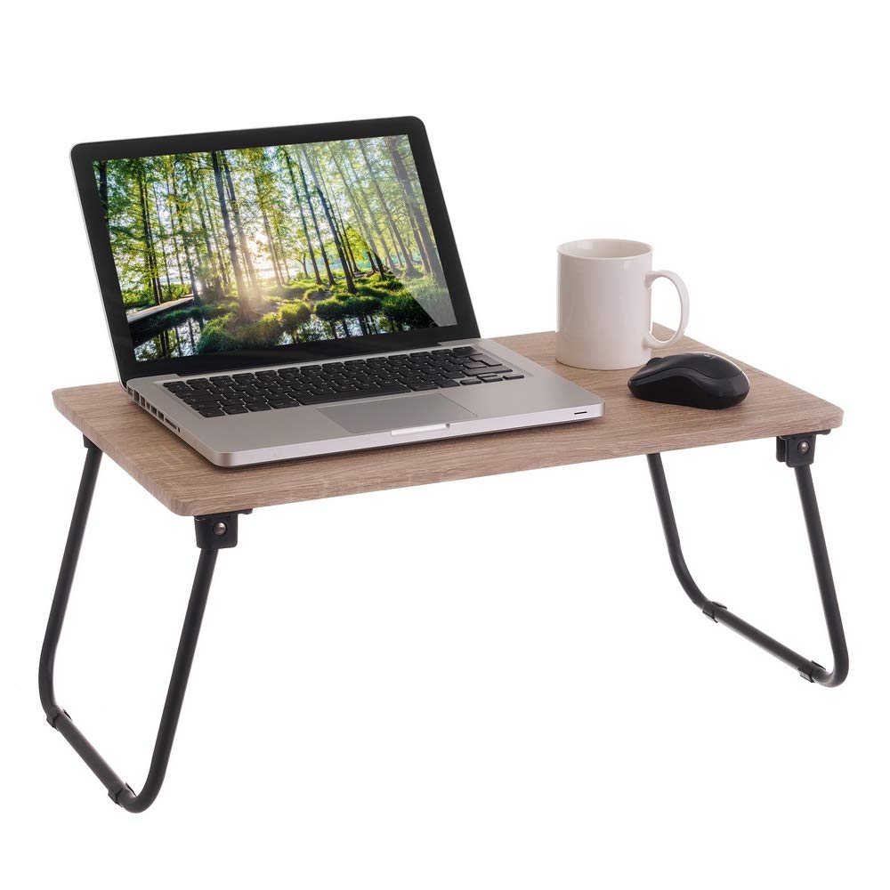 Bandeja de Cama Plegable de Metal y MDF Negra y Beige de 60x33x26 cm