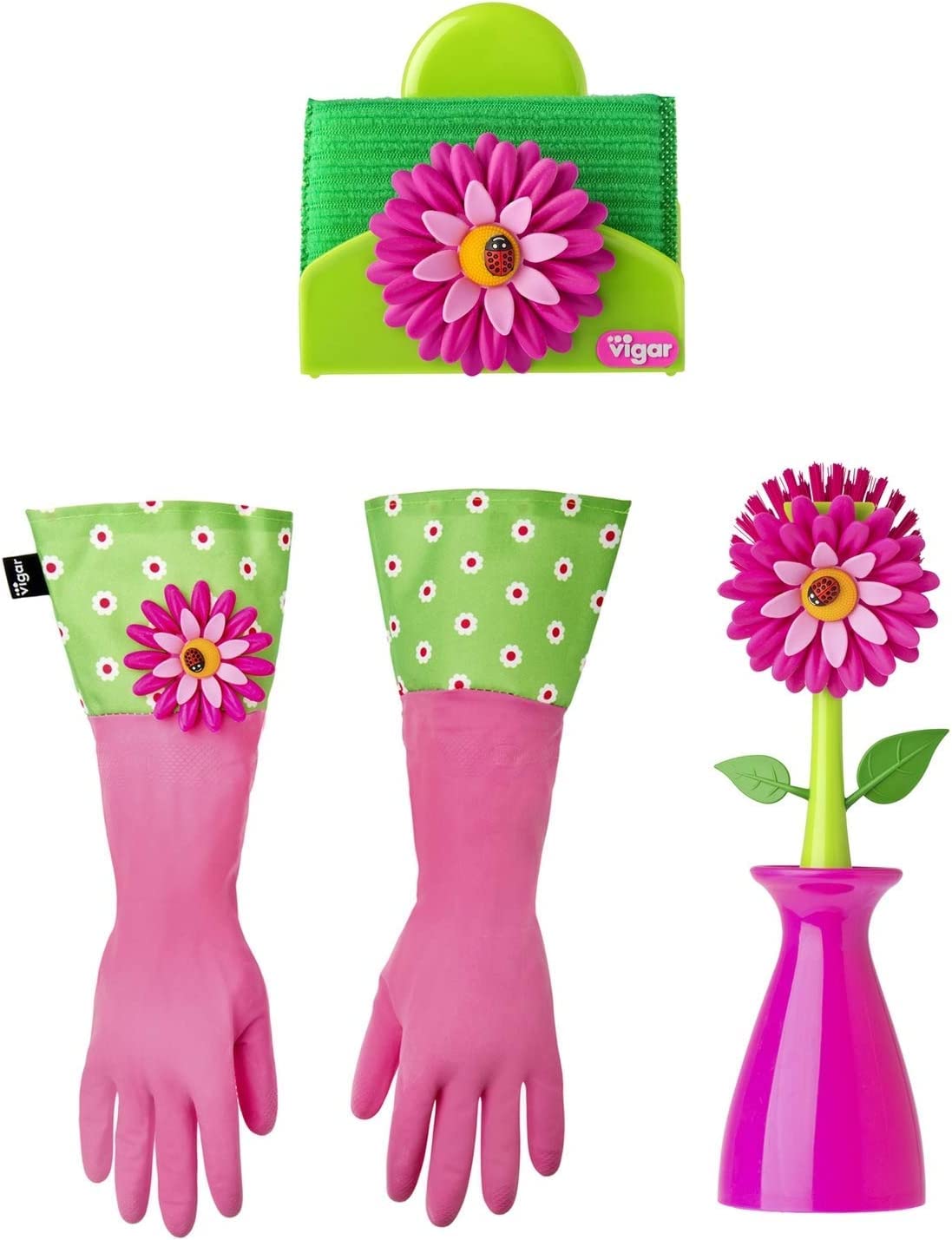 Juego de 3 Piezas Cocina - Guantes, Cepillo con Soporte y Portaesponjas - 12.5 x 7.5 x 18 cm - Flower Power - Guantes de Látex - Verde, Rosado