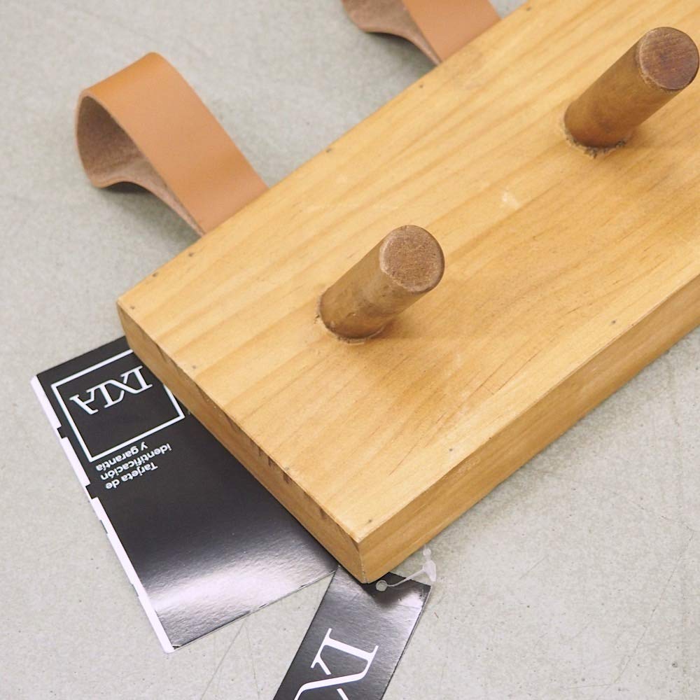 Perchero Pared de Madera Natural con 4 Ganchos y 4 Colgador de Piel