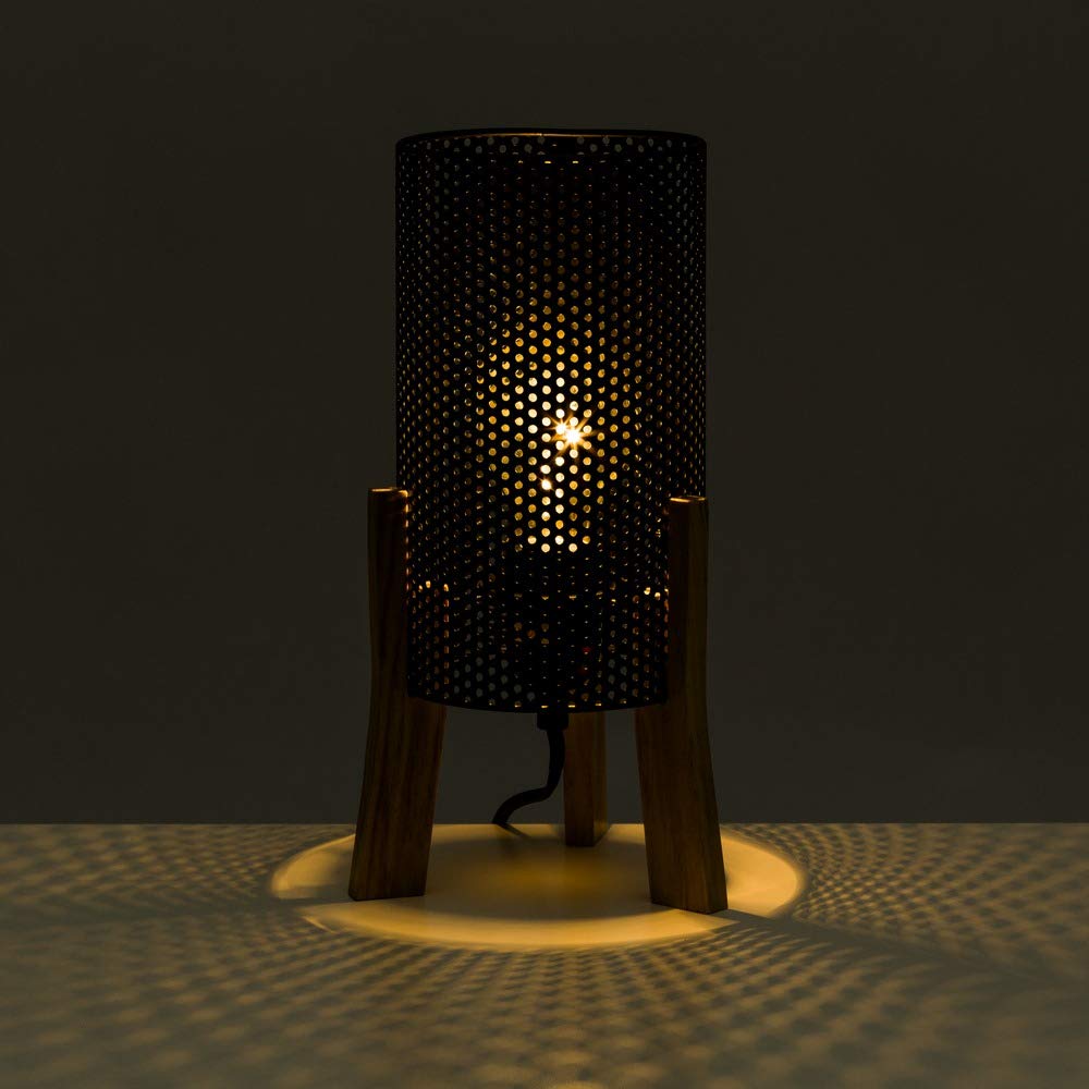 Lámpara de mesita de noche cilíndrica nórdica de metal y madera negra de 30 cm -