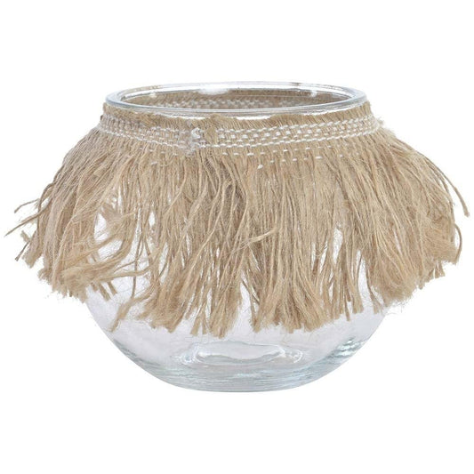 Jarrón portavelas de Cristal Transparente de tamaño 13x12cm Cubierto con Adorno de Flecos Beige de Estilo Boho. Jarras, Multicolor, No Aplica