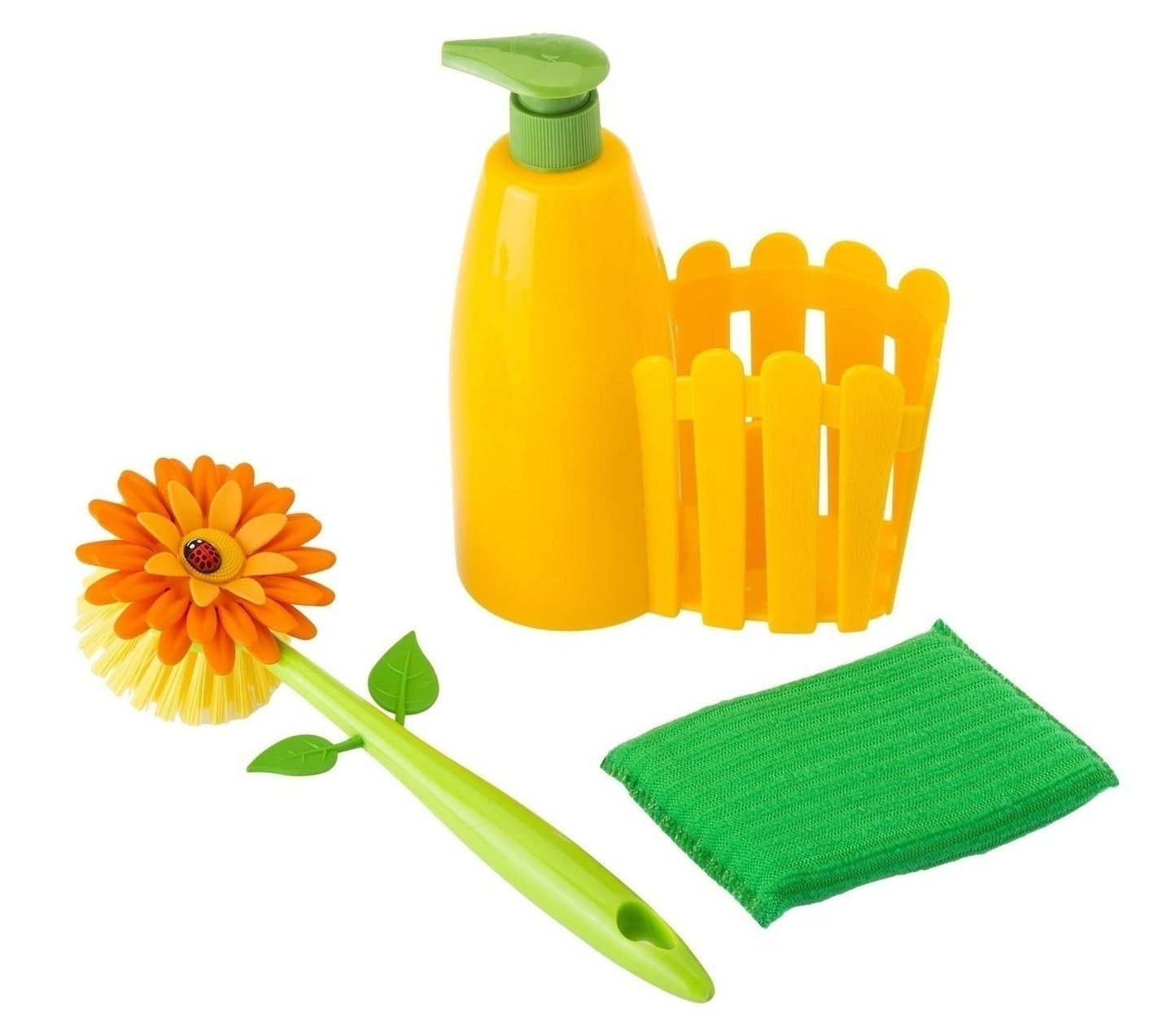 Vigar - Set Fregadero - Pack Soporte, Cepillo Lavaplatos, Esponja - ‎7 x 14 x 26.5 cm - Flower Power - con Dispensador - Bandeja de 3 Piezas