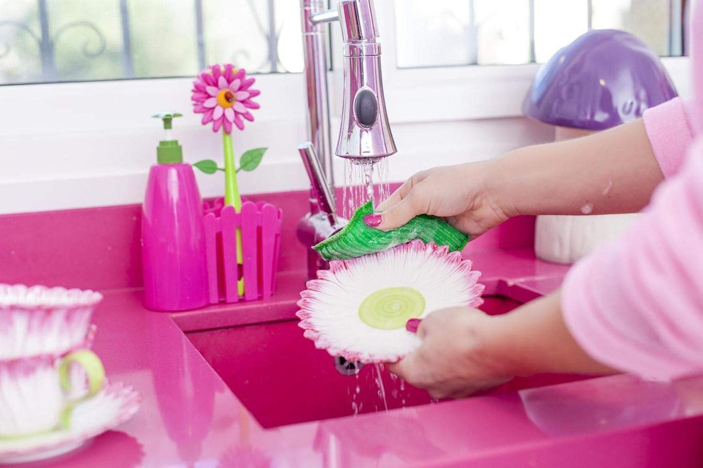 Vigar - Set Fregadero - Pack Soporte, Cepillo Lavaplatos, Esponja - ‎7 x 14 x 26.5 cm - Flower Power - con Dispensador - Bandeja de 3 Piezas