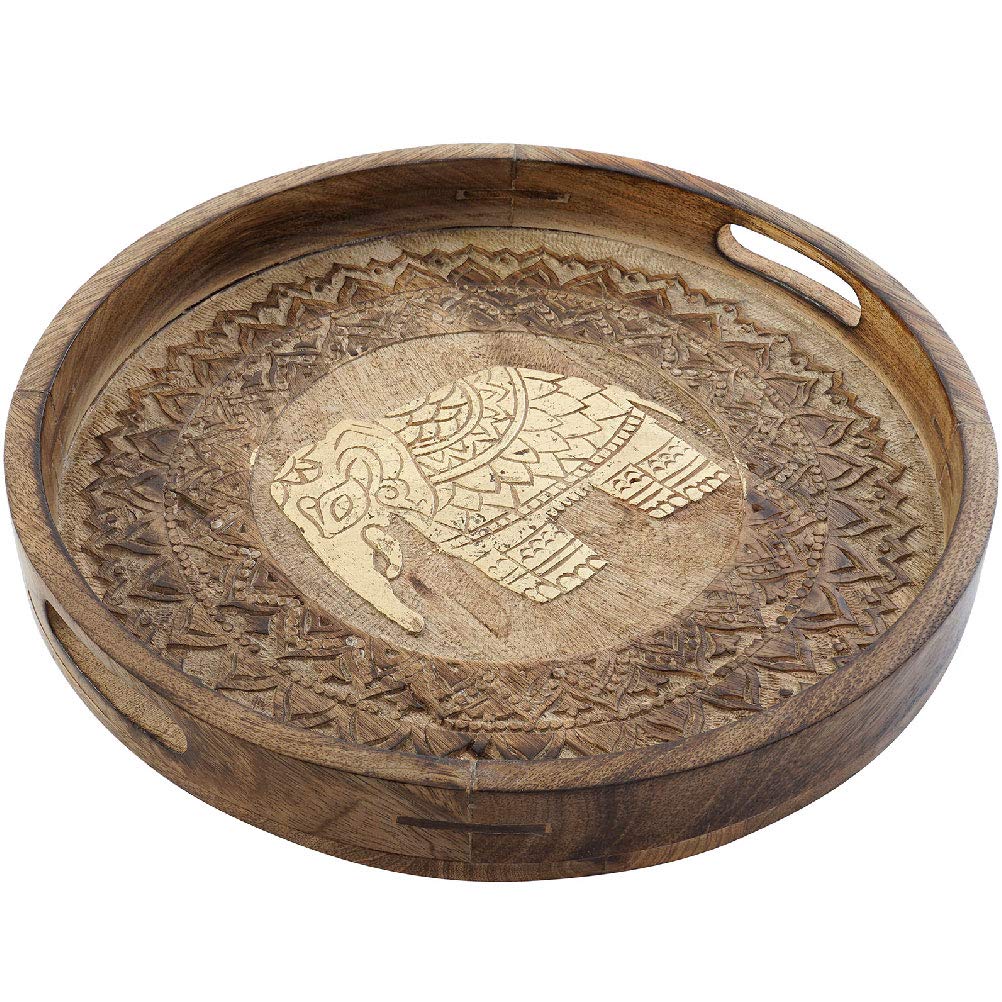 Bandeja Redondo de Madera Mango Tallado Elefantes decape