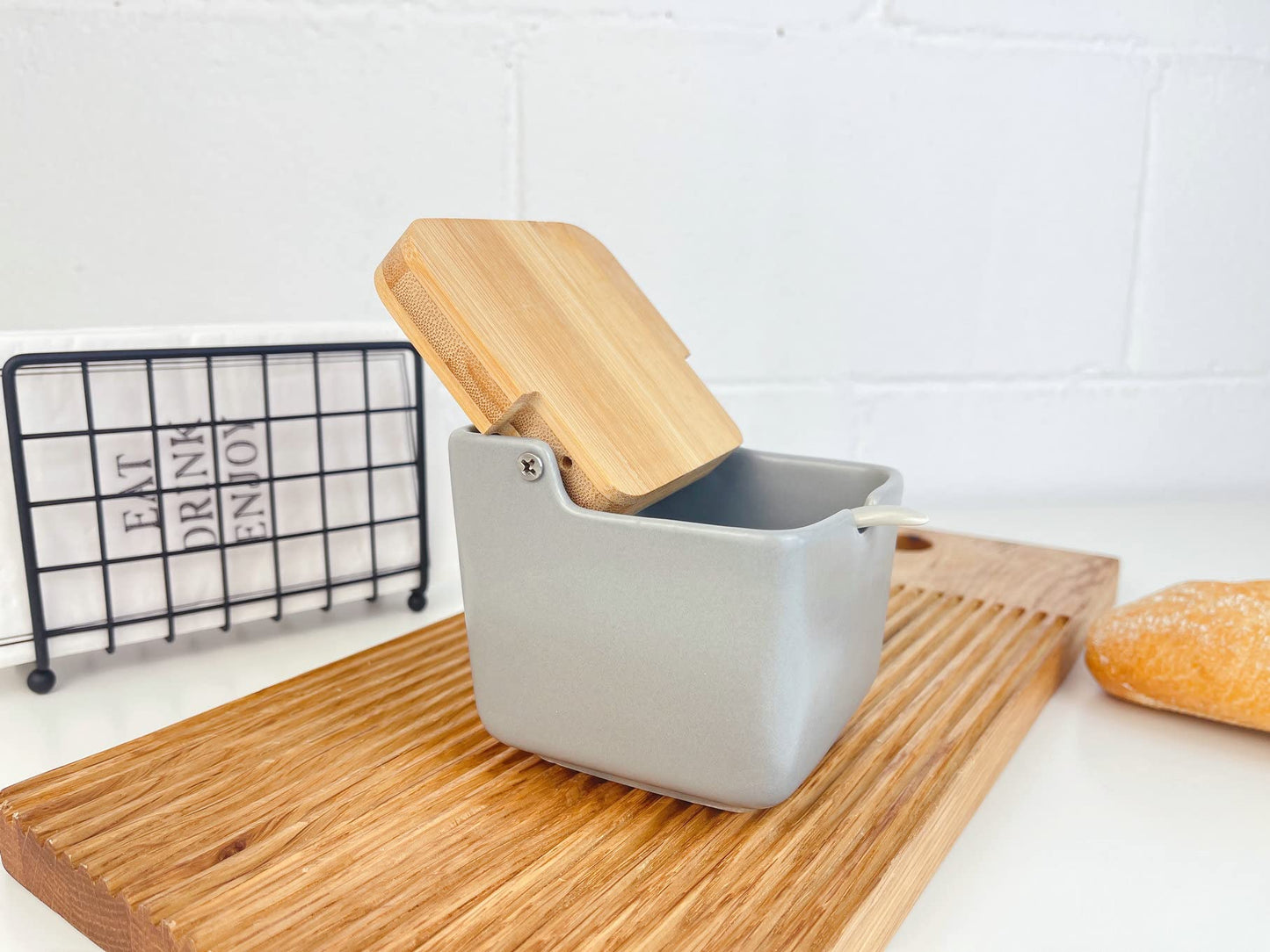 Salero y azucarero Cocina Negro Ceramica con Tapa Madera para Cocina Factory