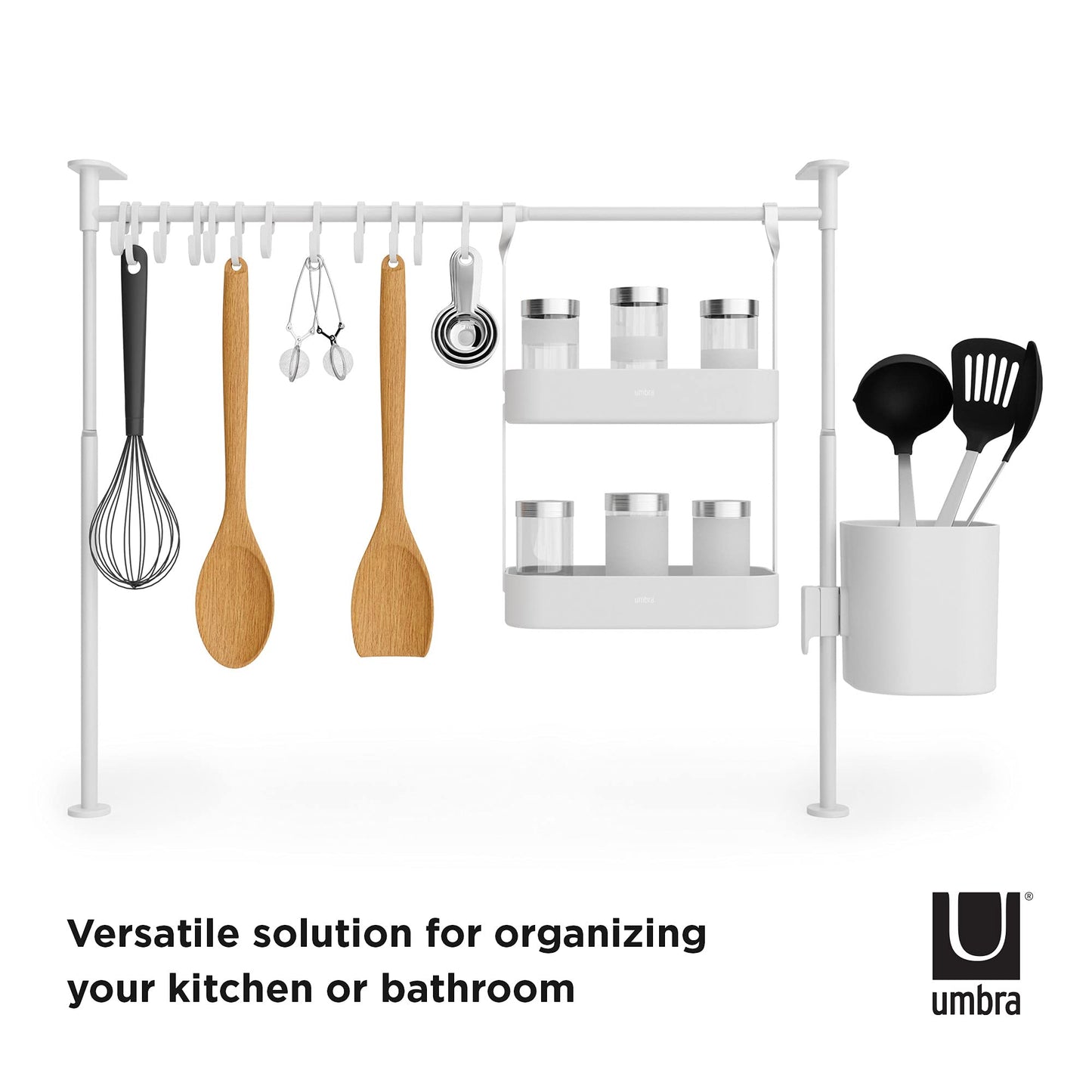 Anywhere, organizador de cocina con recipiente para utensilios y barras de tensión, Blanco
