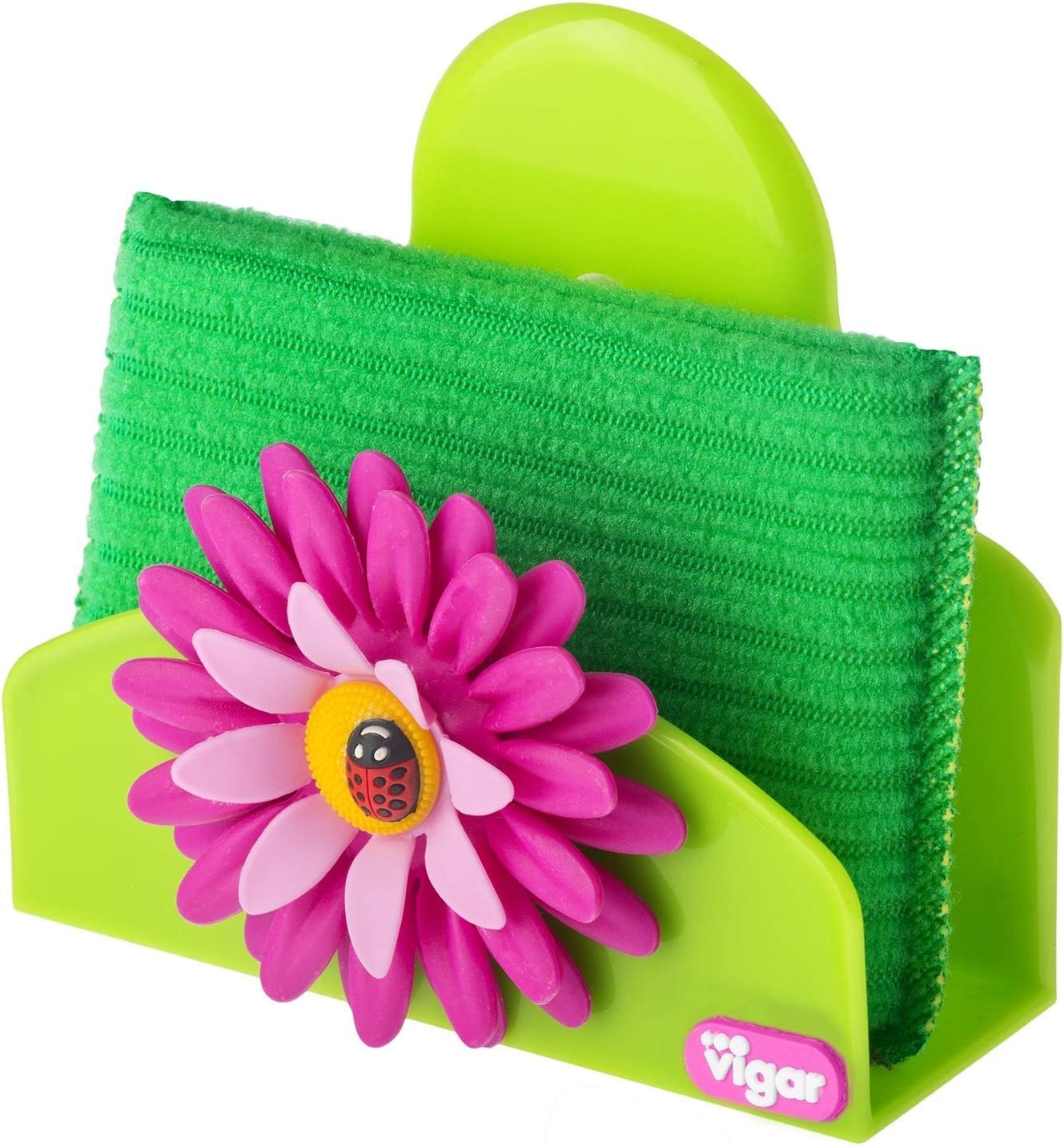Juego de 3 Piezas Cocina - Guantes, Cepillo con Soporte y Portaesponjas - 12.5 x 7.5 x 18 cm - Flower Power - Guantes de Látex - Verde, Rosado