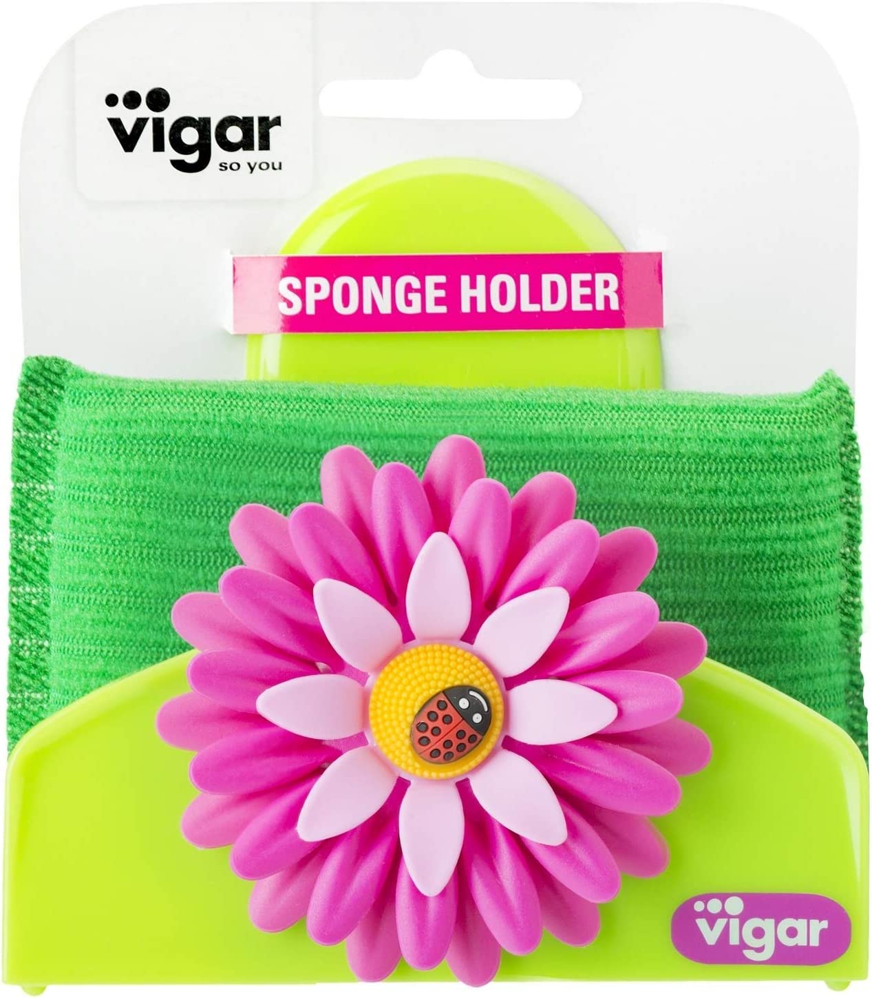 Juego de 3 Piezas Cocina - Guantes, Cepillo con Soporte y Portaesponjas - 12.5 x 7.5 x 18 cm - Flower Power - Guantes de Látex - Verde, Rosado