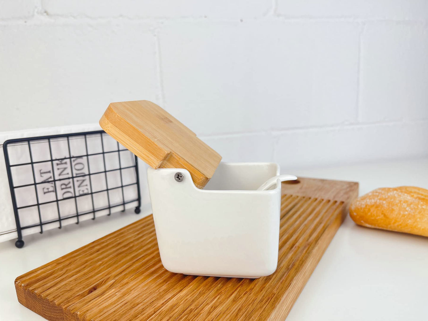 Salero y azucarero Cocina Negro Ceramica con Tapa Madera para Cocina Factory