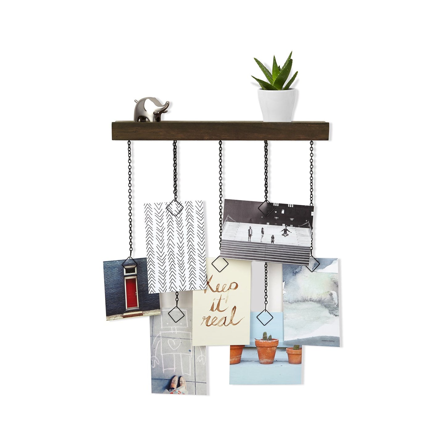 cascada Photo Display. Portafotos de cascada, acabado de madera nogal, y pequeña estante. Dimensión 35,7 x 35,6 x 6,3 cm