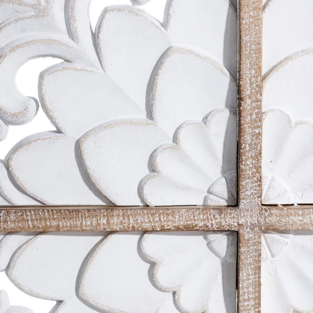 Mural de Flores Tallado exótico de Madera Blanco de 81x81 cm